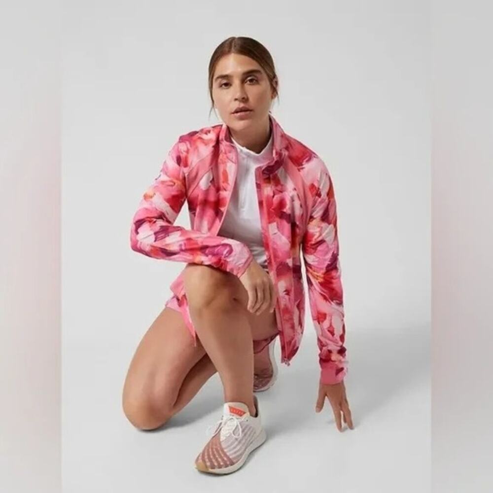 Athleta Womens Run With It Full Zip Printed Painted Energy Jacket‎ Pink Medium